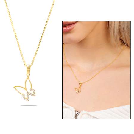 Beyaz Zirkon Taşlı Kelebek Tasarım Gold Renk 925 Ayar Gümüş Kadın Kolye - Thumbnail