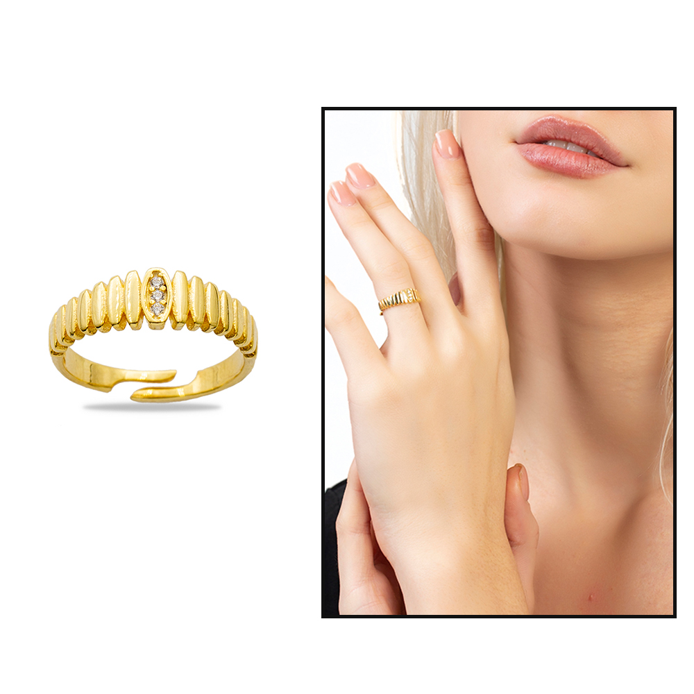 Beyaz Zirkon Taşlı Merdiven Tasarım Gold Renk Free Size 925 Ayar Gümüş Kadın Yüzük