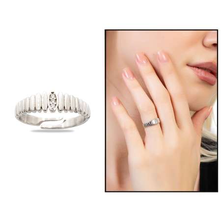 Beyaz Zirkon Taşlı Merdiven Tasarım Silver Renk Free Size 925 Ayar Gümüş Kadın Yüzük - Thumbnail
