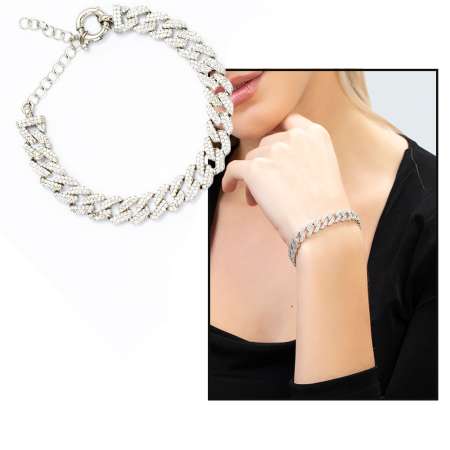 Beyaz Zirkon Taşlı Silver Renk 925 Ayar Gümüş Gurmet Kadın Bileklik - Thumbnail