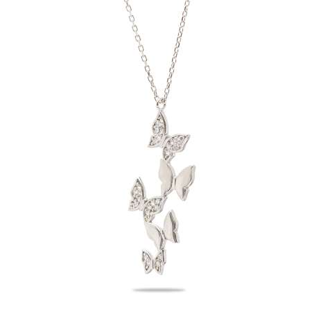 Beyaz Zirkon Taşlı Sıralı Kelebek Tasarım 925 Ayar Gümüş Kadın Kolye - Thumbnail