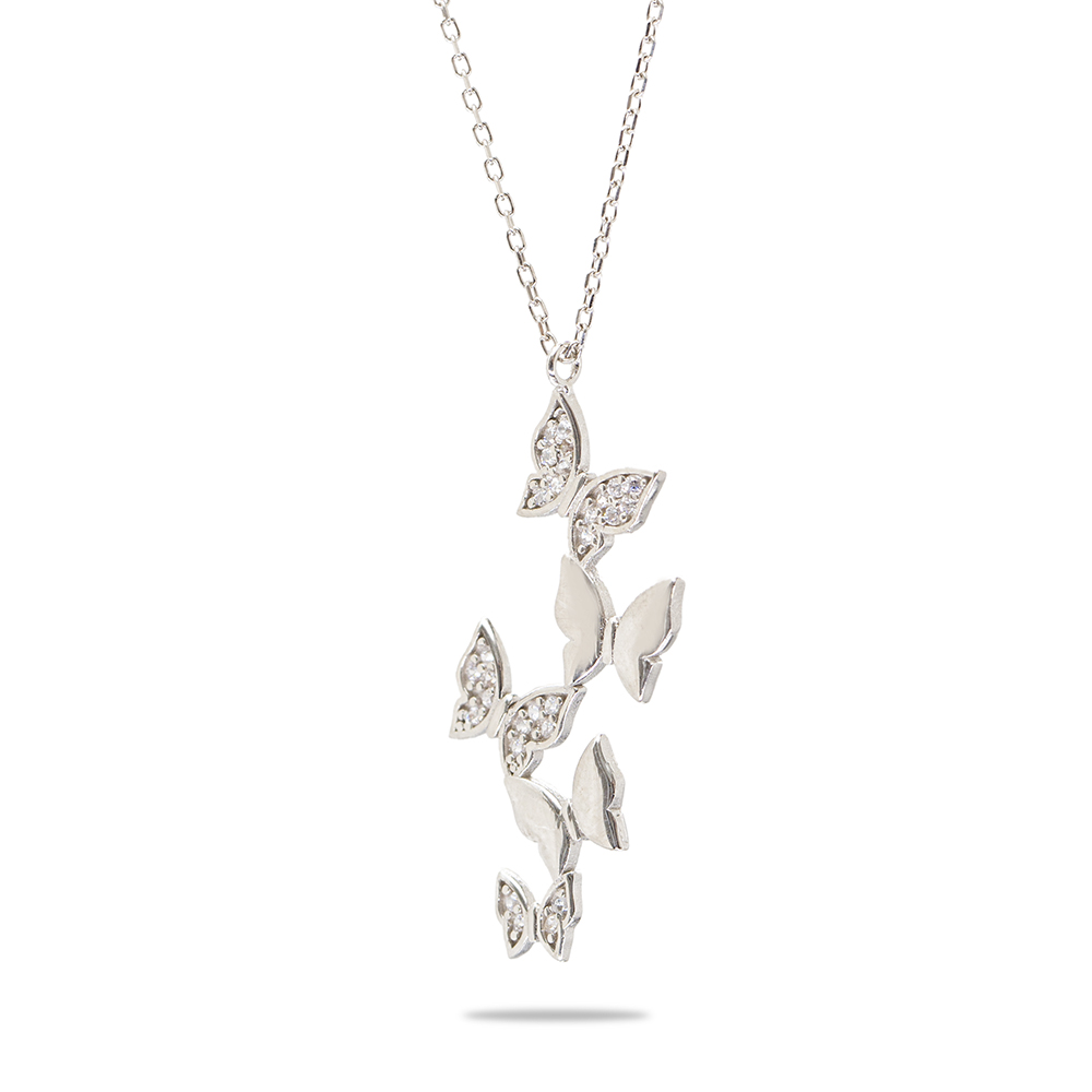 Beyaz Zirkon Taşlı Sıralı Kelebek Tasarım 925 Ayar Gümüş Kadın Kolye