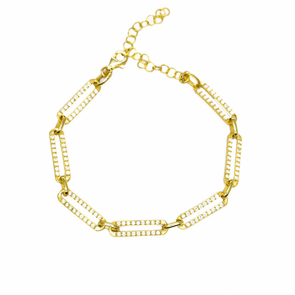 Beyaz Zirkon Taşlı Trend Tasarım Gold Renk 925 Ayar Gümüş Kadın Bileklik