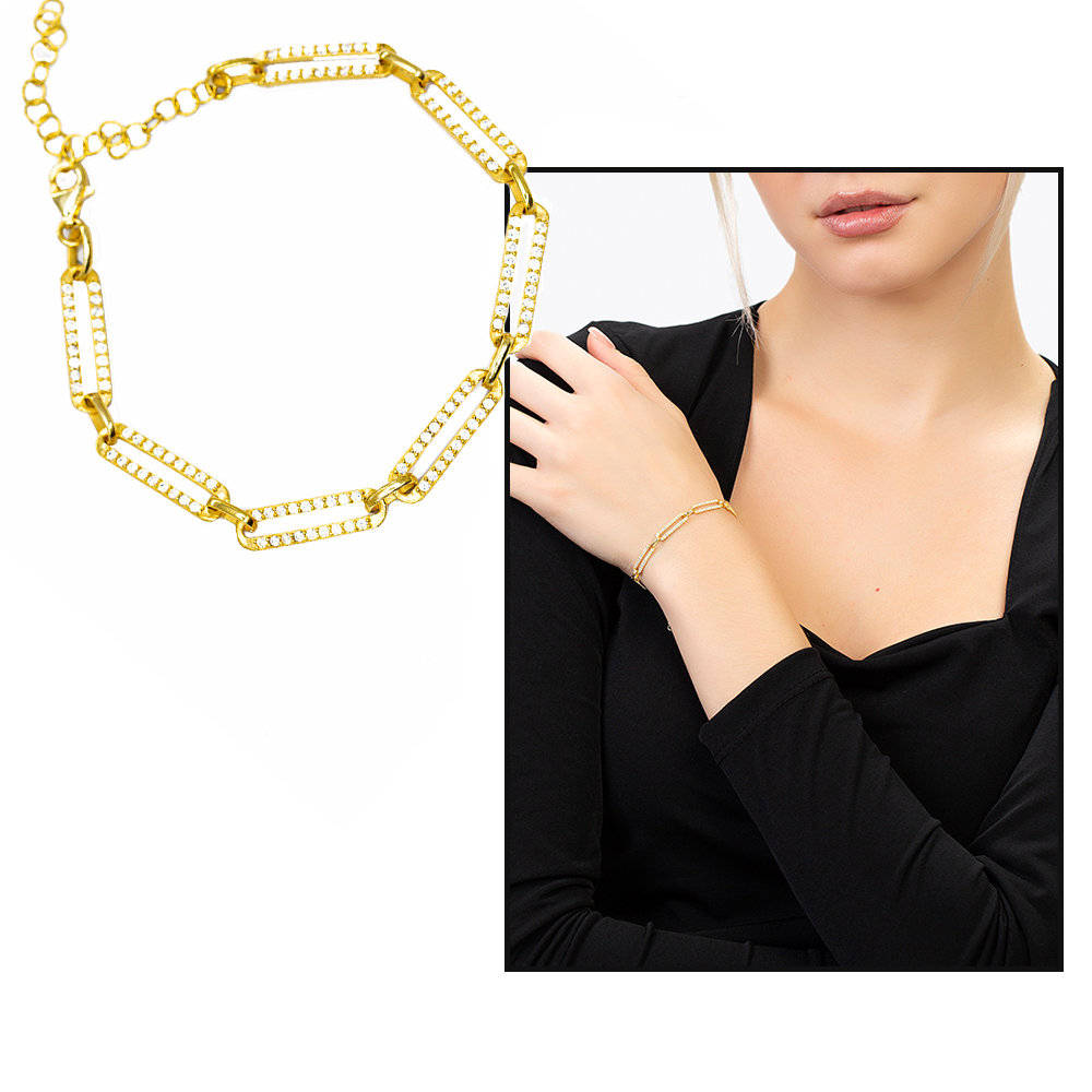 Beyaz Zirkon Taşlı Trend Tasarım Gold Renk 925 Ayar Gümüş Kadın Bileklik