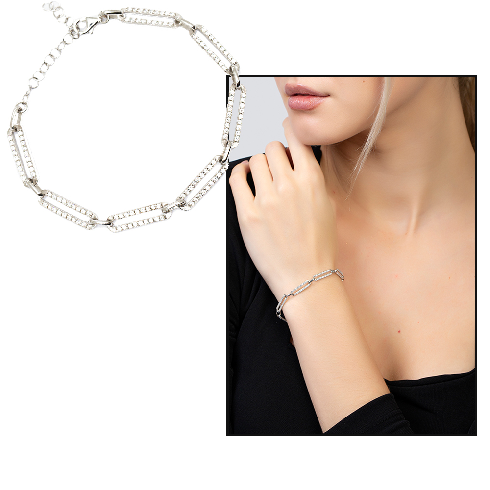 Beyaz Zirkon Taşlı Trend Tasarım Silver Renk 925 Ayar Gümüş Kadın Bileklik