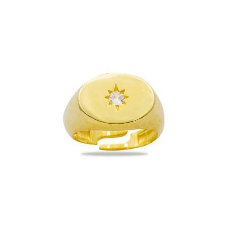 Beyaz Zirkon Taşlı Yıldız Detaylı Gold Renk Free Size 925 Ayar Gümüş Kadın Tektaş Yüzük - Thumbnail