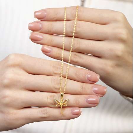 Beyaz Zirkon Taşlı Yusufçuk Tasarım Gold Renk 925 Ayar Gümüş Kadın Kolye - Thumbnail