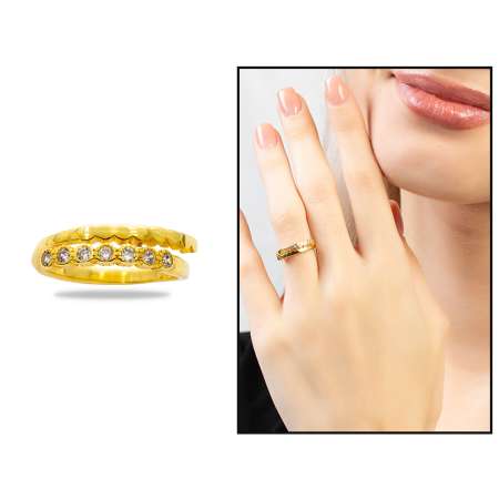 Beyaz Zirkon Taşlı Zarif Tasarım Gold Renk Free Size 925 Ayar Gümüş Kadın Yüzük - Thumbnail