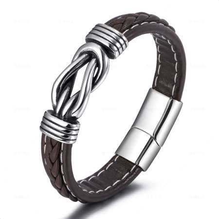 Birinci Sınıf Kahverengi Deri & Çelik Kombinli Gemici Düğümü Tasarım Avangart Erkek Bileklik - Thumbnail