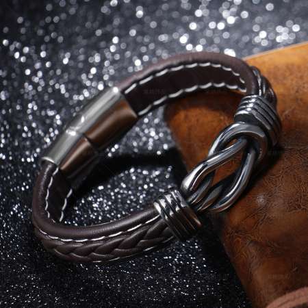 Birinci Sınıf Kahverengi Deri & Çelik Kombinli Gemici Düğümü Tasarım Avangart Erkek Bileklik - Thumbnail