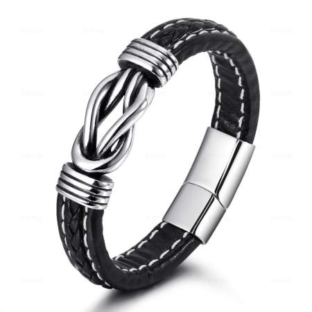 Birinci Sınıf Siyah Deri & Çelik Kombinli Gemici Düğümü Tasarım Avangart Erkek Bileklik - Thumbnail