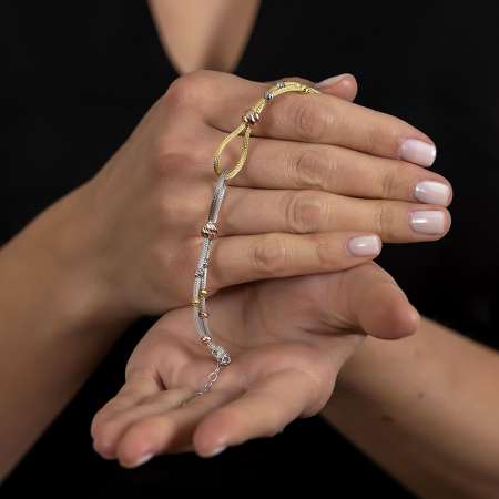 Düğüm Tasarım Silver-Gold Renk 925 Ayar Gümüş Dorika Kadın Bileklik - Thumbnail