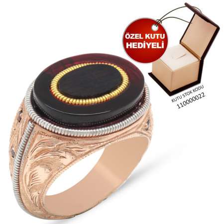 El İşçiliği Abanoz ve Kırmızı Sıkma Kehribar Taşlı 925 Ayar Gümüş Erkek Yüzük - Thumbnail