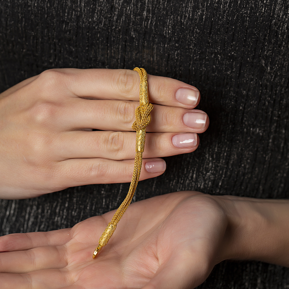 El İşçiliği Düğüm Tasarım Gold Renk 1000 Ayar Gümüş Kazaz Bileklik