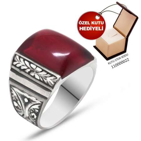 Erzurum El İşçiliği Dörtgen Kırmızı Sıkma Kehribar Taşlı 925 Ayar Gümüş Yüzük - Thumbnail