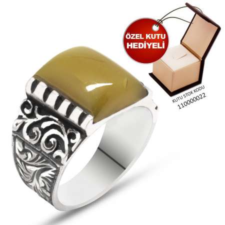 Erzurum El İşçiliği Dörtgen Sarı Sıkma Kehribar Taşlı 925 Ayar Gümüş Erkek Yüzük - Thumbnail