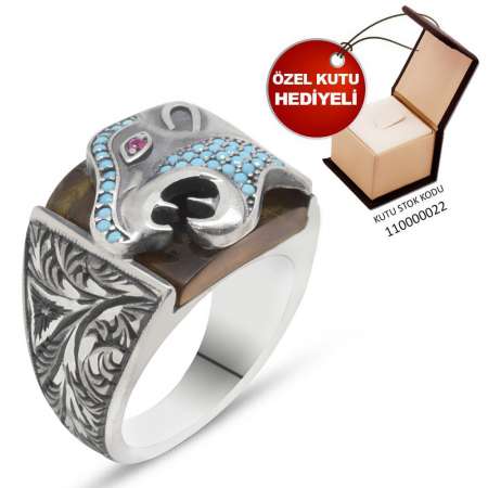 Erzurum El İşçiliği Kaplan Motifli SarıSıkma Kehribar Taşlı 925 Ayar Gümüş Yüzük - Thumbnail