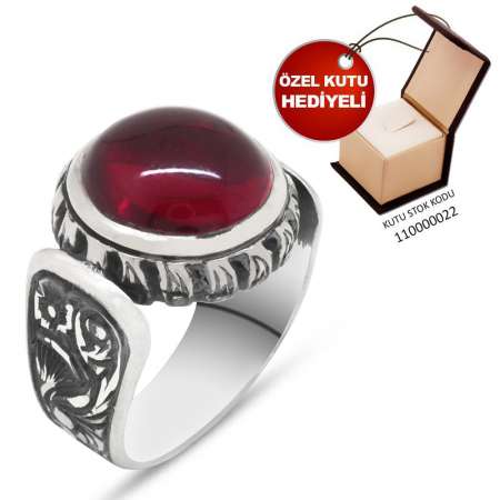 Erzurum El İşçiliği Oval Kırmızı Sıkma Kehribar Taşlı 925 Ayar Gümüş Erkek Yüzük - Thumbnail