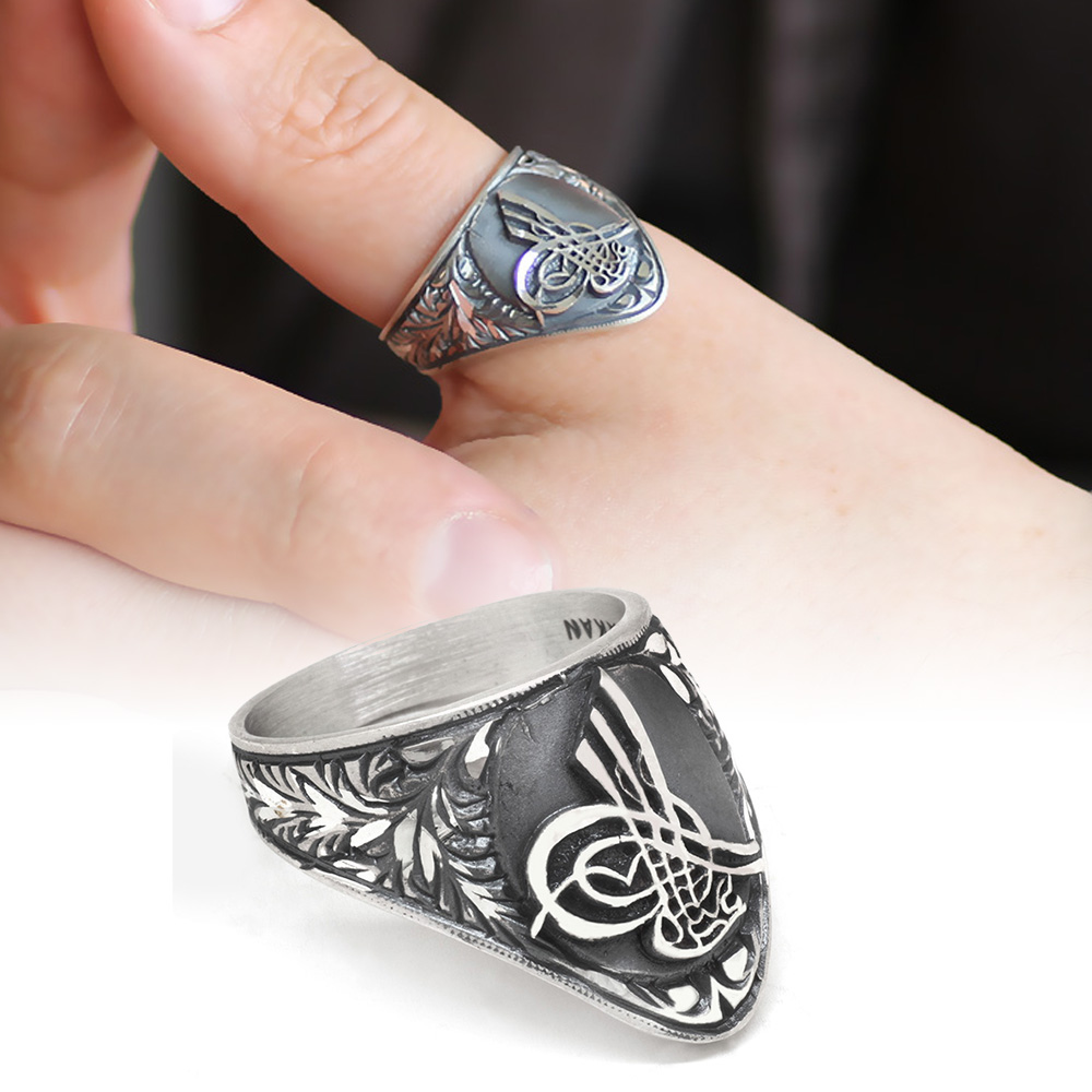 Erzurum El İşçiliği Tuğra Motifli 925 Ayar Gümüş Okçu (Zihgir) Yüzüğü