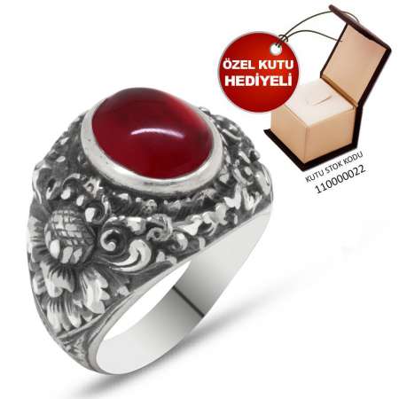 Erzurum El İşçiliği Yuvarlak Kırmızı Sıkma Kehribar Taşlı 925 Ayar Gümüş Yüzük - Thumbnail