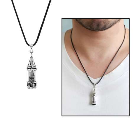 Galata Kulesi Tasarım İp Zincirli 925 Ayar Gümüş Erkek Cevşen Kolye - Thumbnail