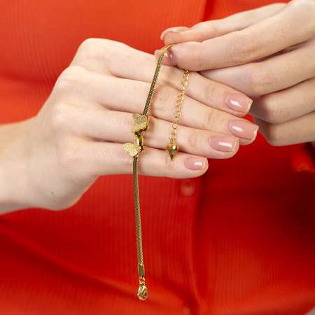 Gold Renk Kararmaz Metal Snake Zincirli Kelebek Detaylı Kadın Bileklik - Thumbnail