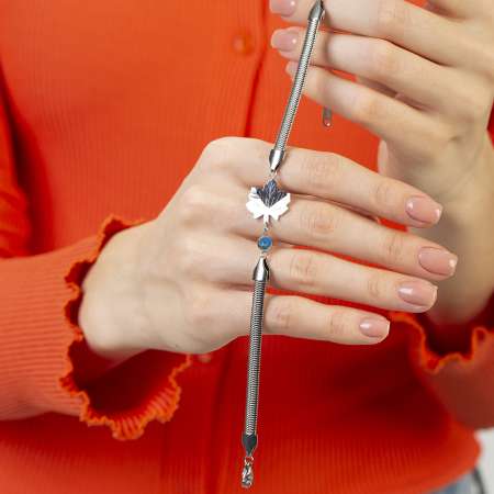 Gümüş Renk Kararmaz Metal Snake Zincirli Çınar Yaprağı Tasarım Nazar Boncuğu Detaylı Kadın Bileklik - Thumbnail