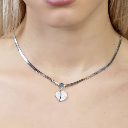 Gümüş Renk Kararmaz Metal Snake Zincirli Kalp Tasarım Sedef Doğaltaş Kombinli Kadın Kolye - Thumbnail