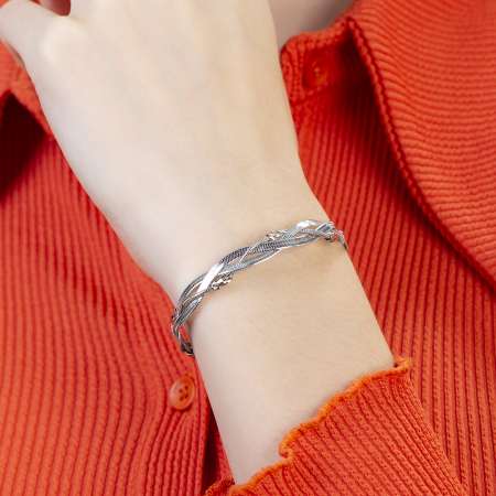 Gümüş Renk Kararmaz Metal Snake Zincirli Örgü Tasarım Kadın Bileklik - Thumbnail