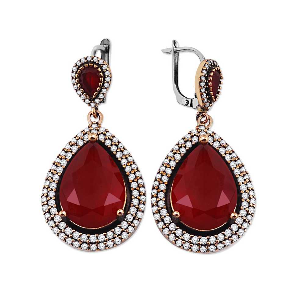 Zirkon ve Kırmızı Ruby Taşlı Damla Tasarım 925 Ayar Gümüş Küpe