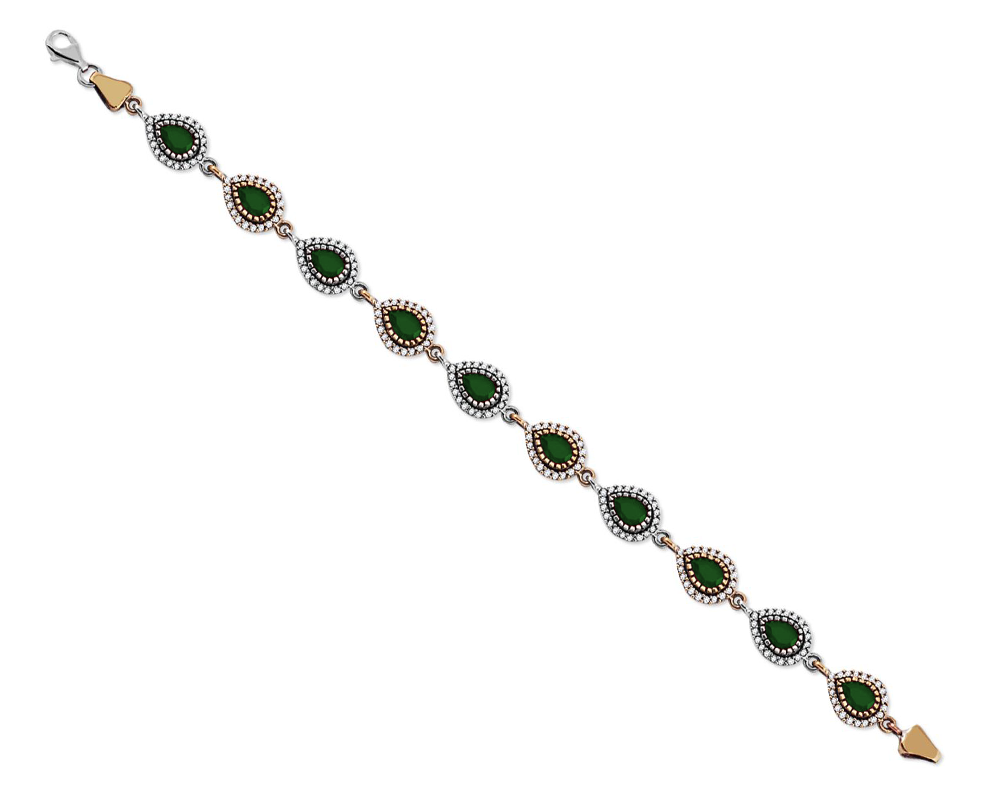 Zirkon ve Yeşil Ruby Taşlı Damla Tasarım 925 Ayar Gümüş Bayan Bileklik