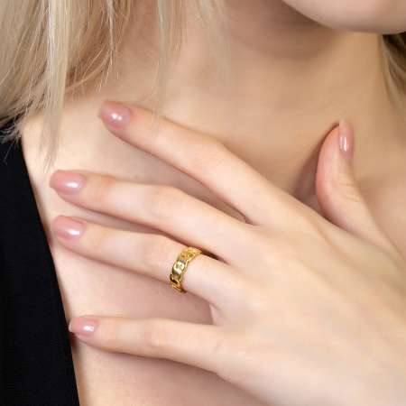 Gurmet Tasarım Gold Renk Free Size 925 Ayar Gümüş Kadın Yüzük - Thumbnail
