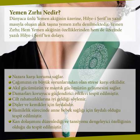 Hilye-i Şerif Yazılı (Yemen Zırhı) Yeşil Yemen Akik Taşı Kadın Kolye - Thumbnail