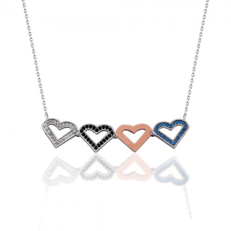 Renkli Zirkon Taşlı İki Kullanımlı Üç Kalp 925 Ayar Gümüş Bayan Kolye - Thumbnail