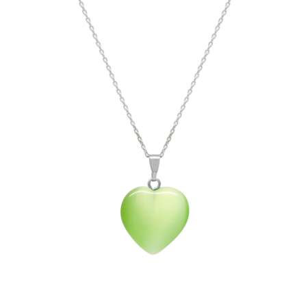 Kalp Tasarım 925 Ayar Gümüş Zincirli Çift Taraflı Fıstık Yeşil Kedigözü Kolye - Thumbnail