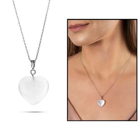 Kalp Tasarım 925 Ayar Gümüş Zincirli Çift Taraflı Soft Beyaz Kedigözü Kolye - Thumbnail