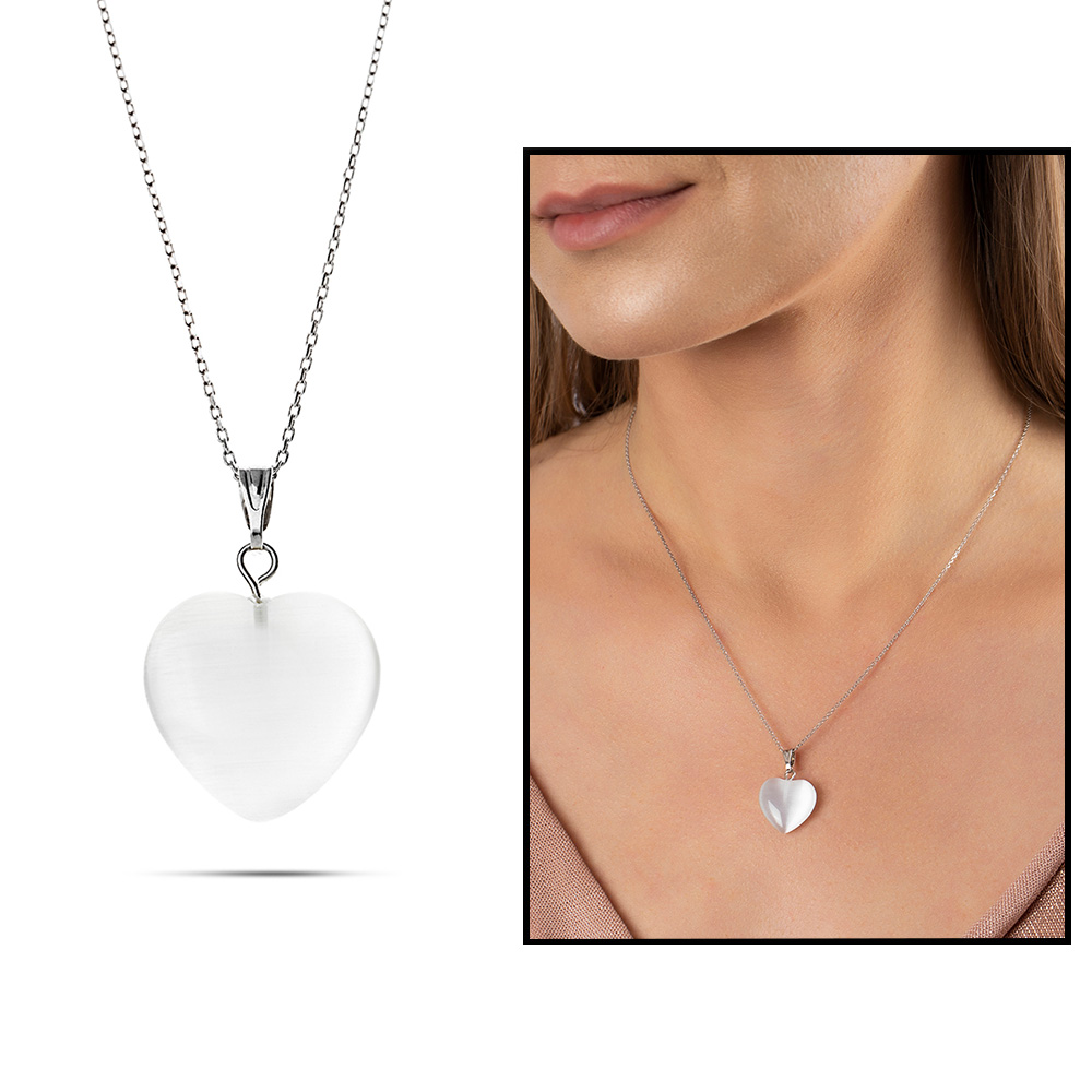 Kalp Tasarım 925 Ayar Gümüş Zincirli Çift Taraflı Soft Beyaz Kedigözü Kolye