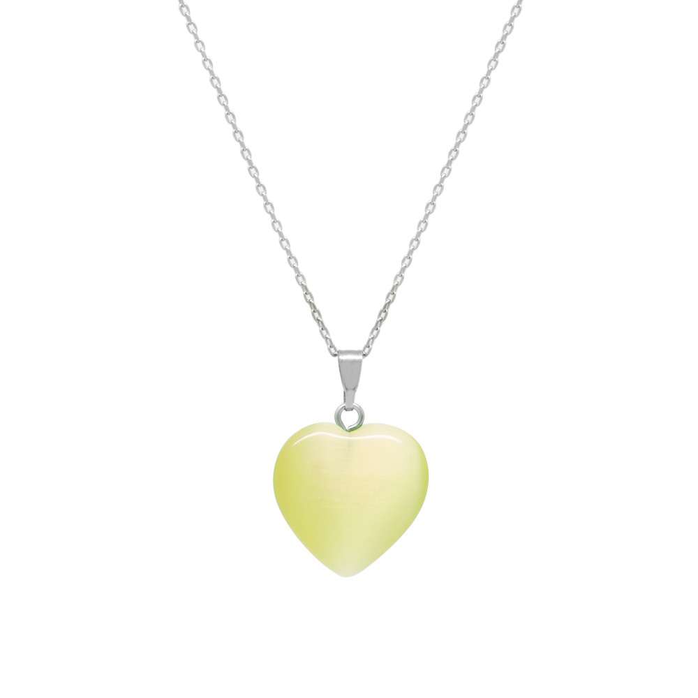 Kalp Tasarım 925 Ayar Gümüş Zincirli Çift Taraflı Soft Yeşil Kedigözü Kolye