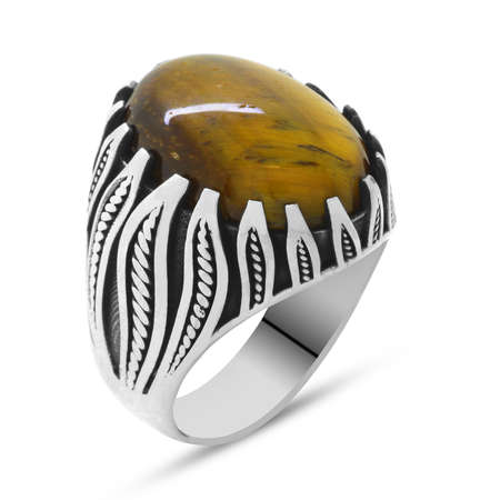 Kaplangözü Taşlı Alev Tasarım 925 Ayar Gümüş Kızılderili Yüzüğü - Thumbnail