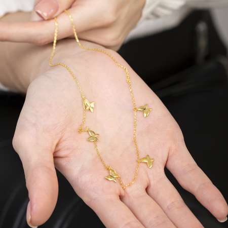 Kelebek Detaylı Gold Renk 925 Ayar Gümüş Kadın Şans Kolyesi - Thumbnail