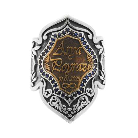 Free Size Kenarları Harf Yazılabilir Kişiye Özel İsim Yazılı 925 Ayar Gümüş Erkek Okçu (Zihgir) Yüzüğü - Thumbnail