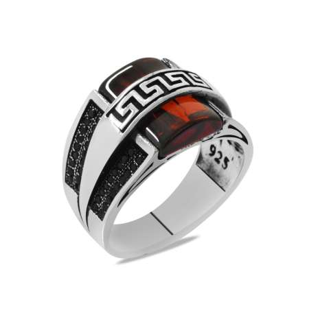 Kırmızı Akik Taşlı Grek Zincir Detaylı 925 Ayar Gümüş Menderes Yüzüğü - Thumbnail