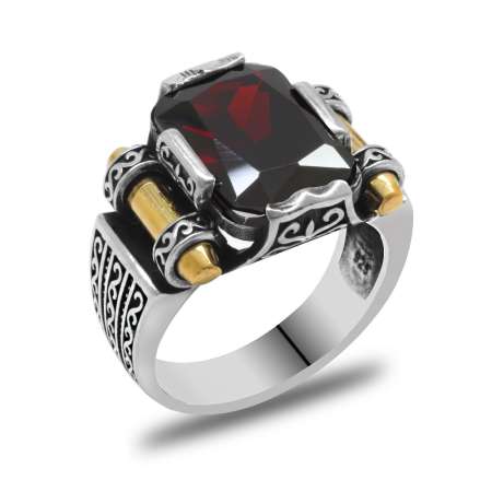 Kırmızı Baget Taşlı Avangarde Tasarım 925 Ayar Gümüş Şah Cihan Yüzüğü - Thumbnail