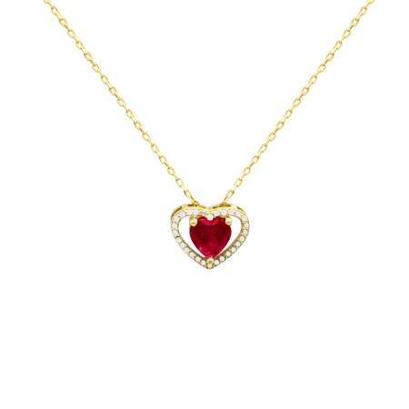 Kırmızı-Beyaz Zirkon Taşlı Kalp Tasarım Gold Renk 925 Ayar Gümüş Kadın Kolye - Thumbnail