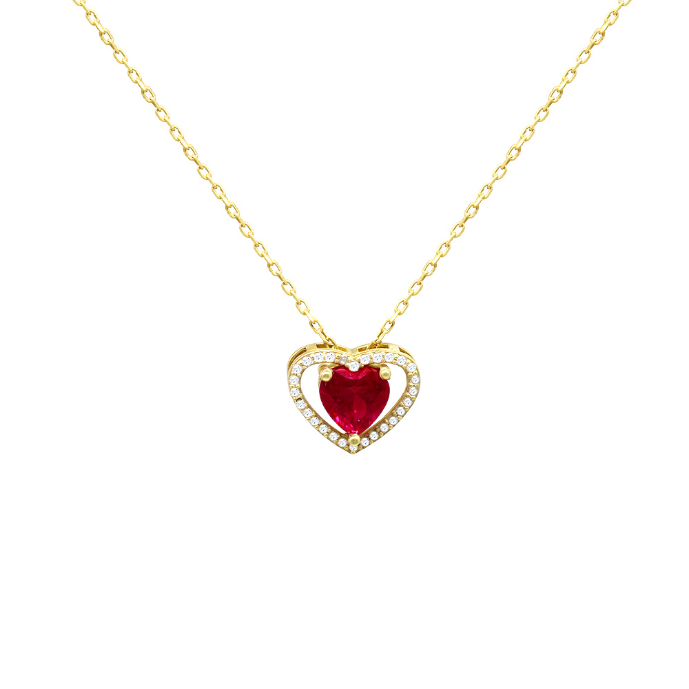 Kırmızı-Beyaz Zirkon Taşlı Kalp Tasarım Gold Renk 925 Ayar Gümüş Kadın Kolye