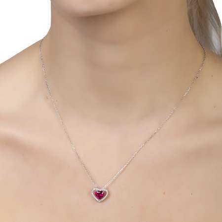Kırmızı-Beyaz Zirkon Taşlı Kalp Tasarım Silver Renk 925 Ayar Gümüş Kadın Kolye - Thumbnail