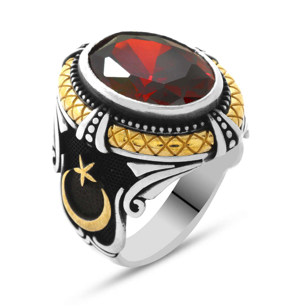 Kırmızı Zirkon Taşlı Ayyıldız Tasarım 925 Ayar Gümüş Kaptan-ı Derya Yüzüğü