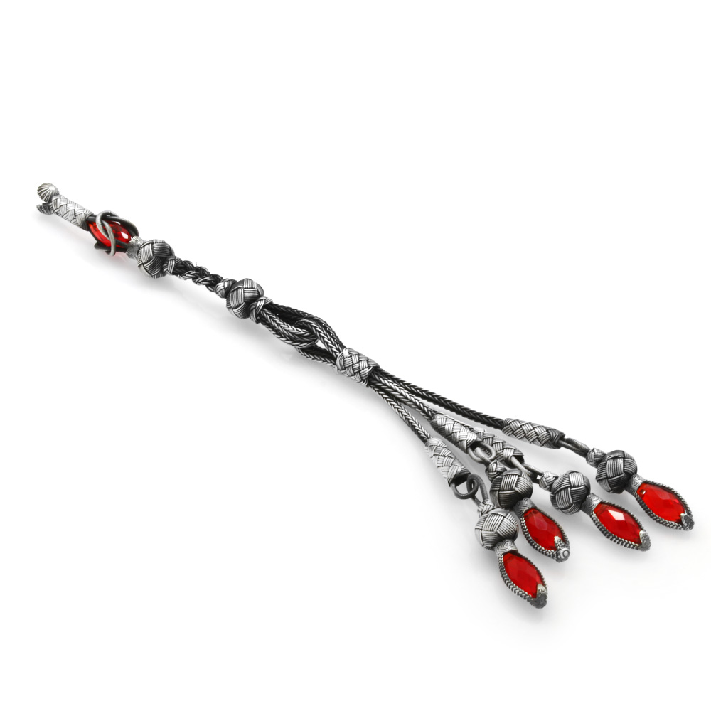 Kırmızı Zirkon Taşlı Uzun Model Oksitli 4'lü 1000 Ayar Gümüş Kazaz Püskül
