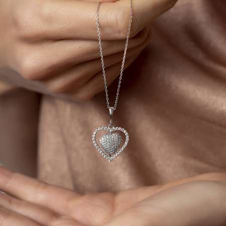 Çift Kalp Tasarım Kişiye Özel İsim Yazılı 925 Ayar Gümüş Bayan Kolye - Thumbnail