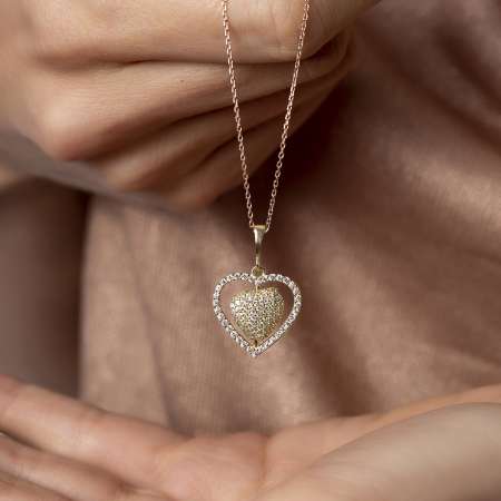 Çift Kalp Tasarım Kişiye Özel İsim Yazılı 925 Ayar Gümüş Bayan Kolye - Thumbnail